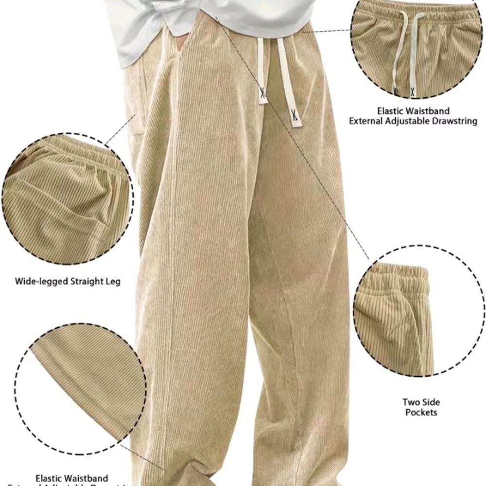Hidkat Fashion Beige Corduroy Wide-Leg Men’s Pants with Elastic Drawstring Waist